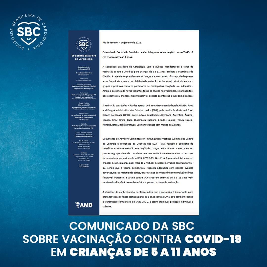 Imagem da notícia COMUNICADOS DA SBC E DA SBP SOBRE VACINAÇÃO CONTRA COVID-19 EM CRIANÇAS DE 5 A 11 ANOS